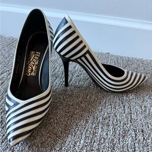 Salvatore Ferragamo Black and White Striped Heels